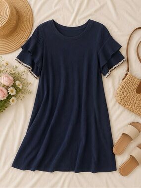 Bluheaven Muslin Navy Ruffle Sleeve A-Line Dress
